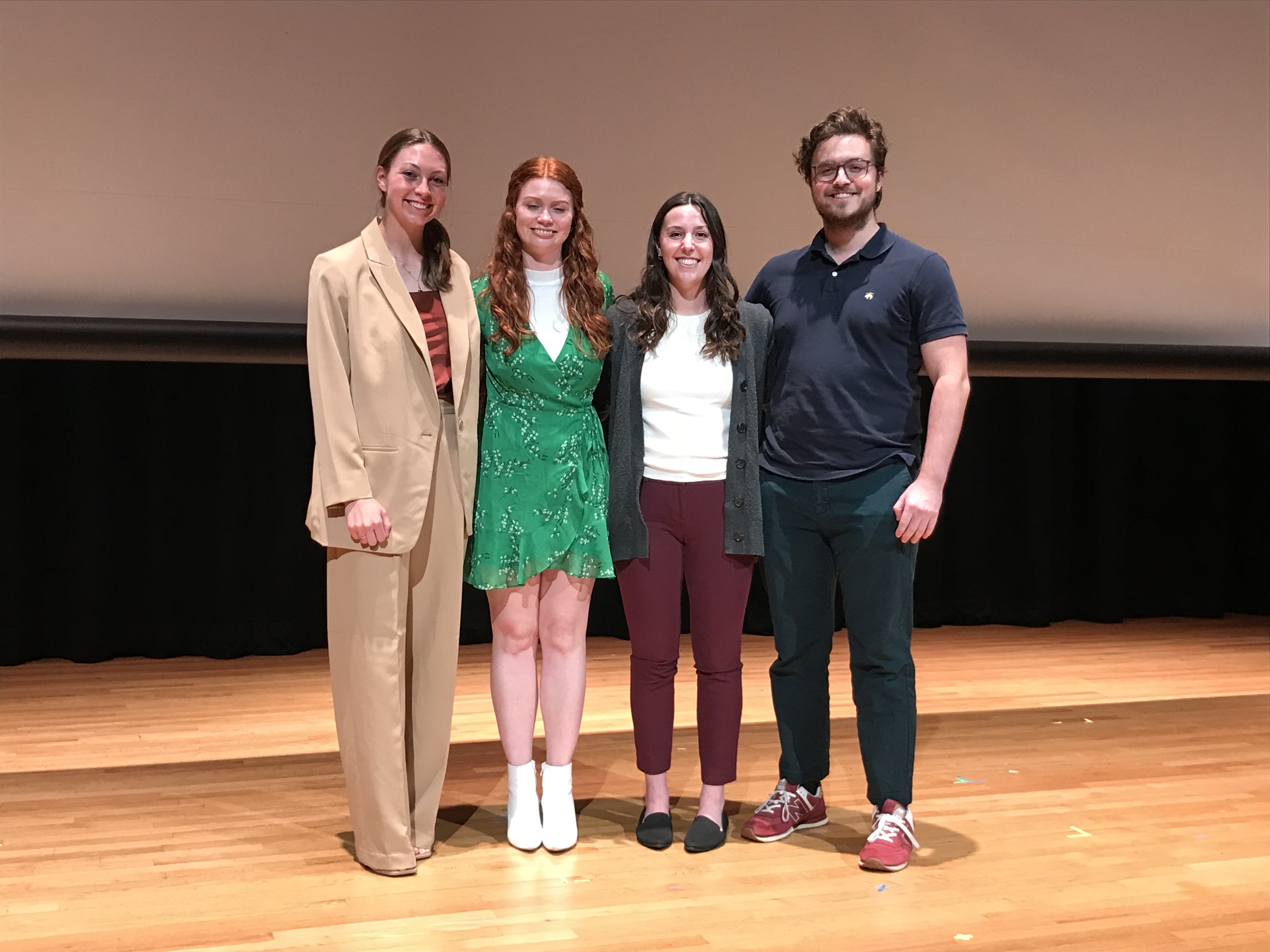 Pictured: 3MT honors showcase participants, left to right, Caroline Donovan, Anthropology; Lilly Pope, Public Policy; Kenzi Fergus, Neuroscience; Carter Prillaman, Biology