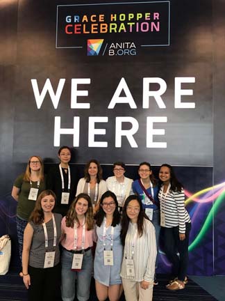 At the conference (front row from left): Rachel Oberman '20, Rachel Coughlin '19, Linda Wu '20, Echo Chen '20; second row: Robin Givens '14, Sheng Long '20, Professor Smirni, Maddie Waugh '19, Joanna Stathopoulos, and Sonia Jindal '19.