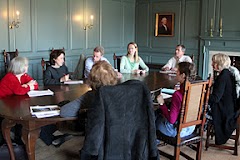 Seven department chairs gathered in the Blue Room to continue their conversation about the role of arts and humanities
