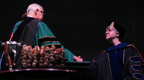 Graves Award winner Beverly Sher during Commencement 2017. Photo by Stephen Salpukas.