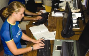 Kaity Smoot '08 keys in donor data. A double major in international relations and economics, she hopes to work as a development economist in Sub-Saharan Africa after graduation.