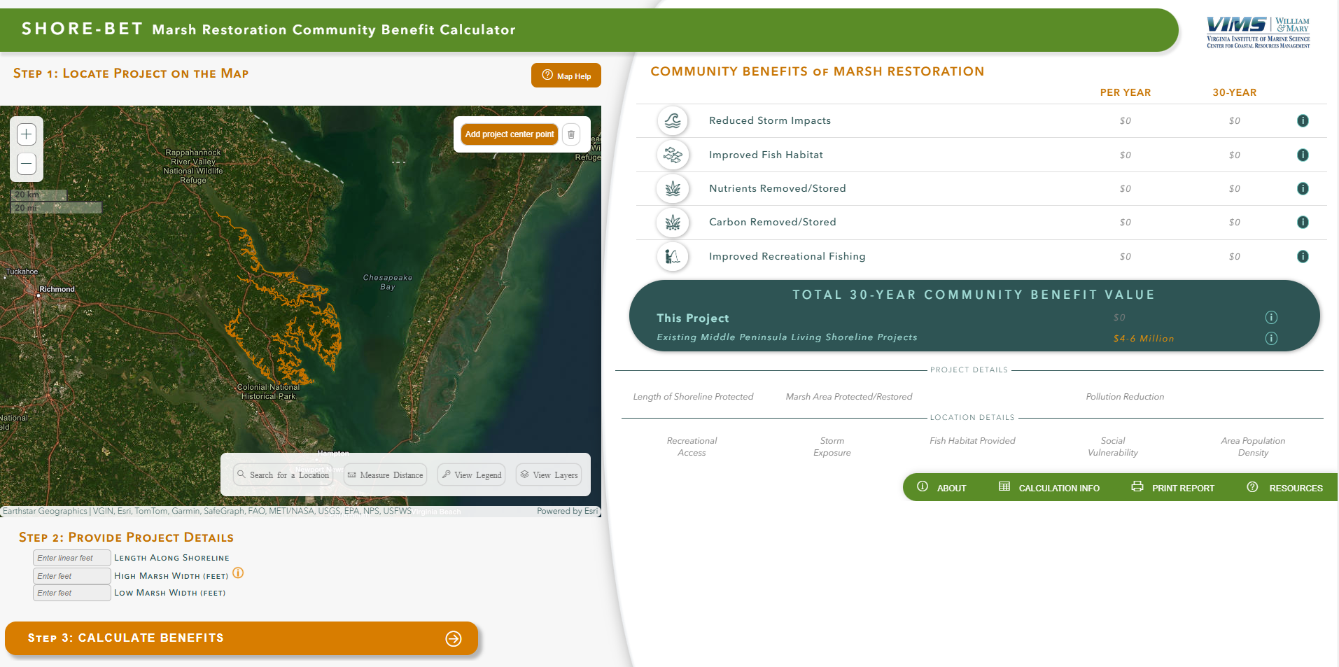 the landing page for the "shore bet" marsh restoration community benefit calculater, featuring a map of the lower eastern Chesapeake Bay and text options