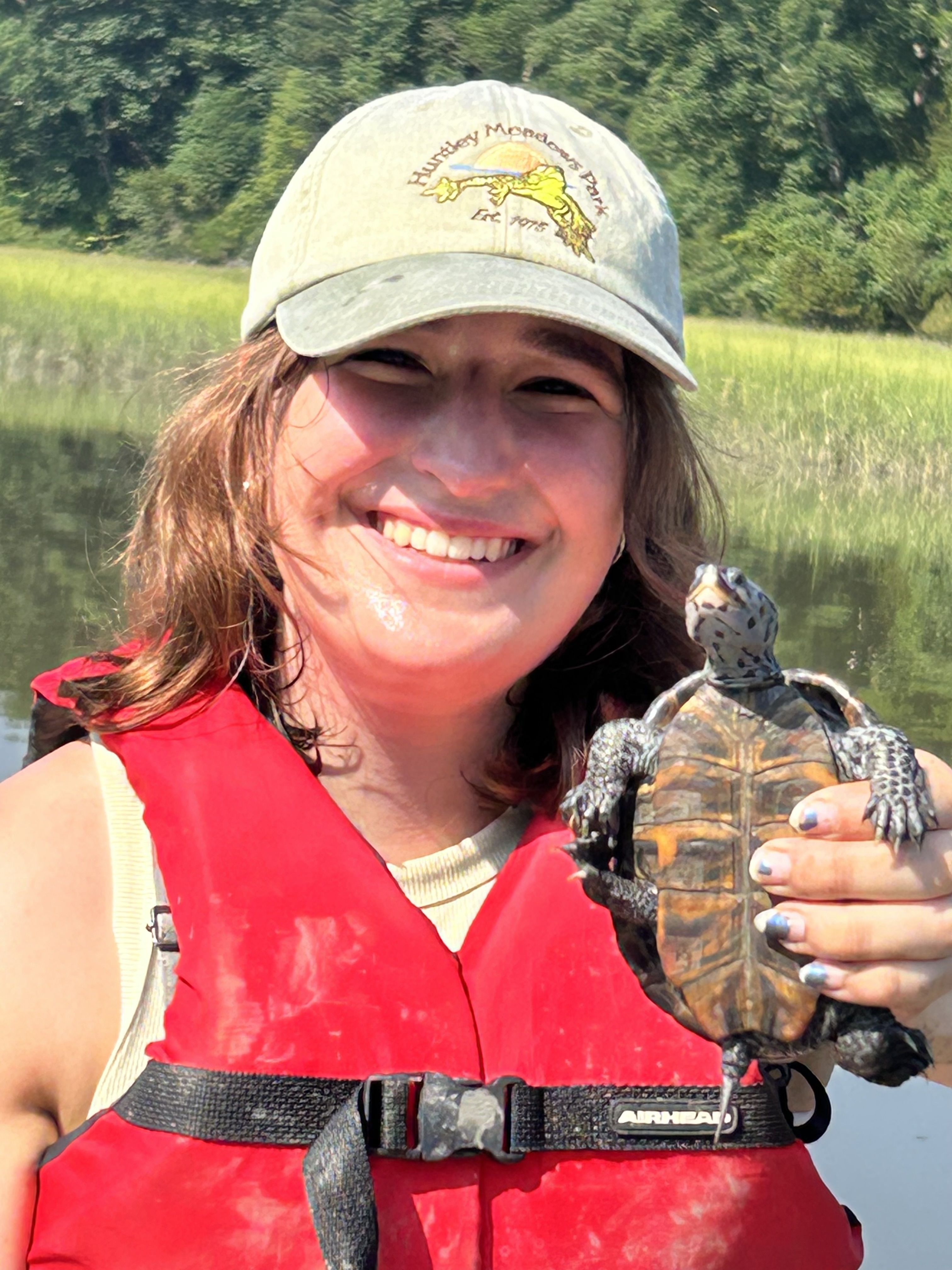 Mary Laun ('27) holds a diamondback terrapin that was caught in a crabpot.