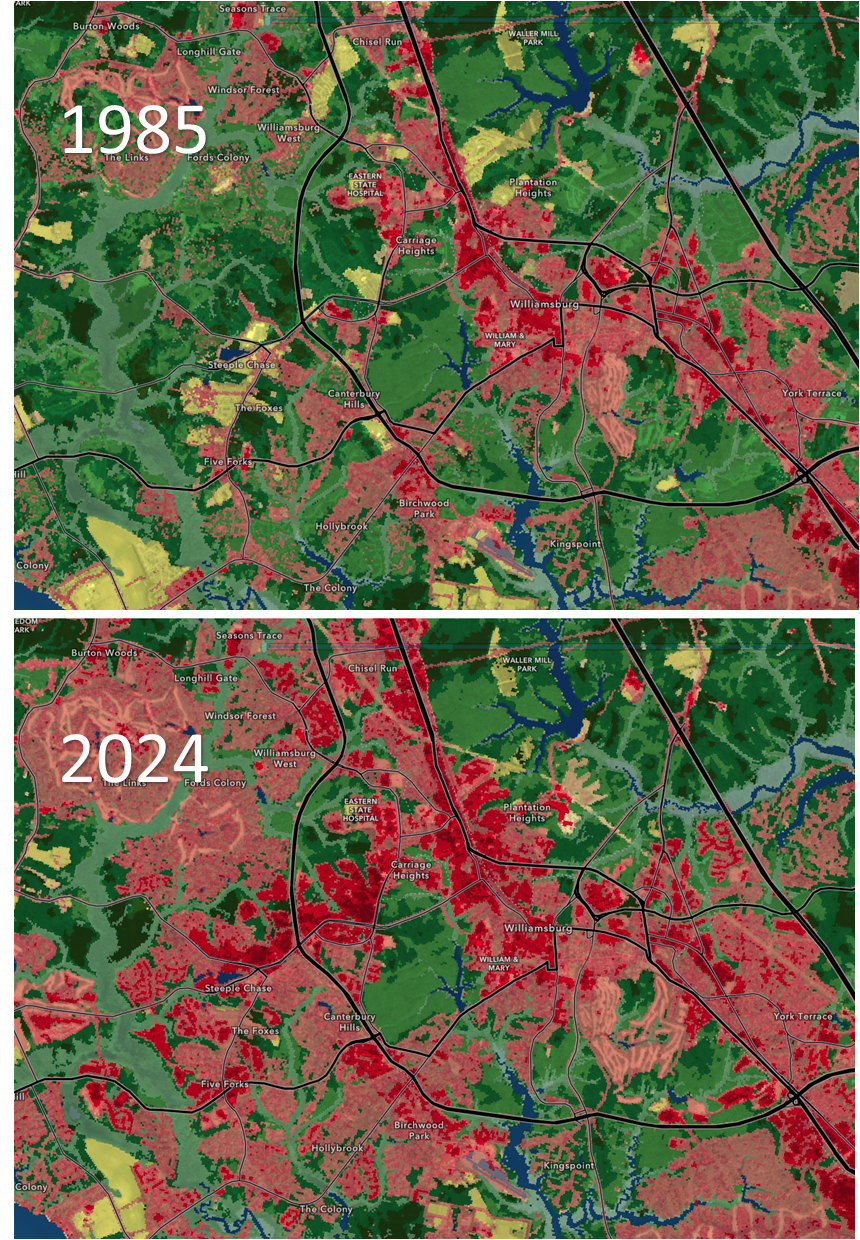 Changes in land cover surrounding William & Mary, from 1985 to 2025. Red colors indicate developed lands and green are forested.  Source Annual NLCD Land Cover Data – USGS U.S. Geological Survey (USGS), 2024, Annual NLCD Collection 1 Science Products: U.S. Geological Survey data release, and Annual NLCD Land Cover Image Service - Esri