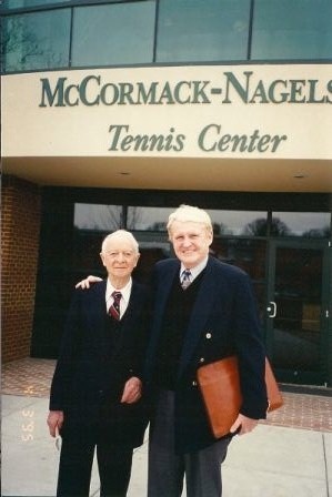 Pr. Reboussin and Mark McCormack in front of the McCormack-Nagelsen Tennis Center