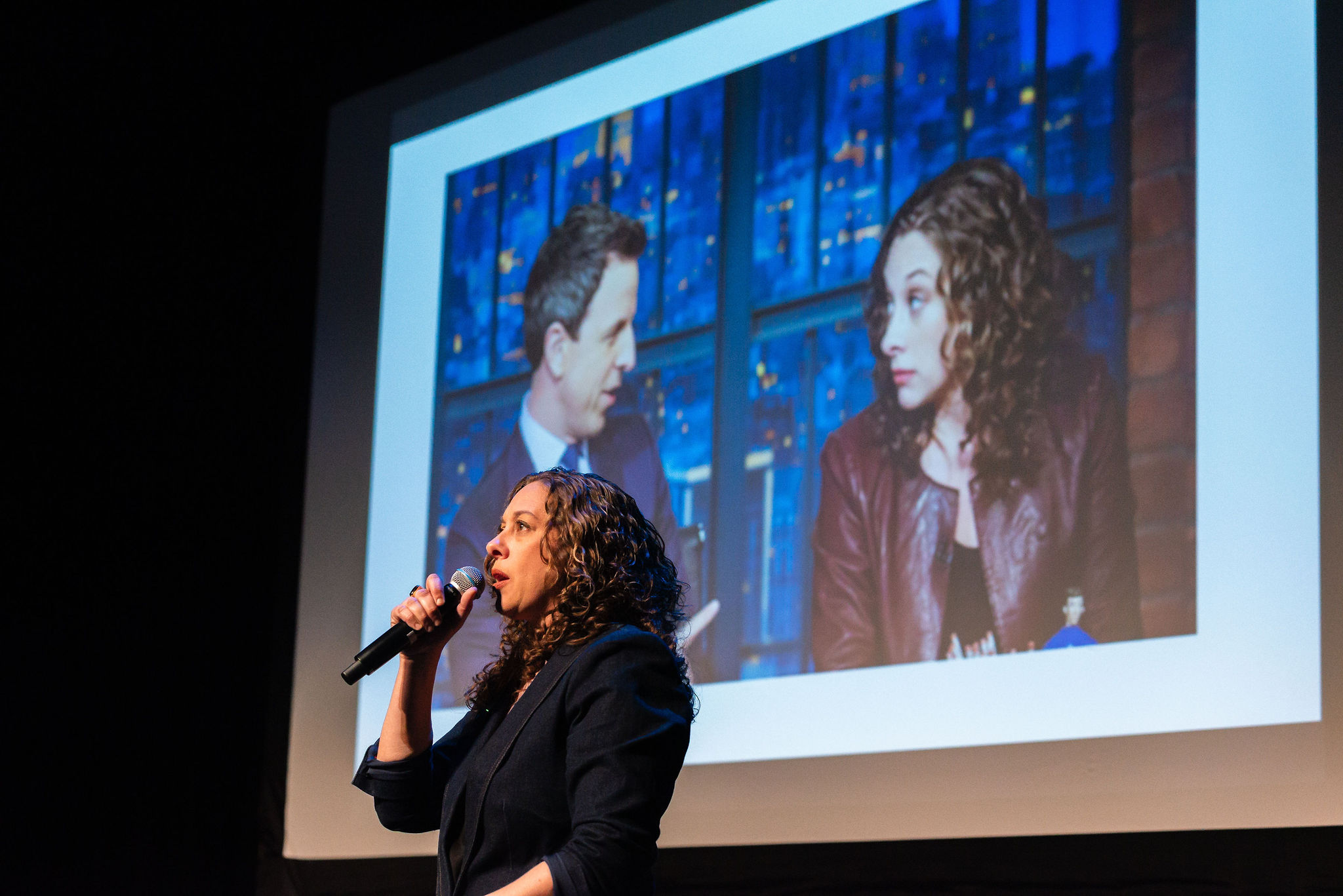 Jenny Hagel '98, an Emmy-nominated TV writer and comedian on "Late Night with Seth Meyers," returned to W&M during this year's Ampersand International Film Festival where she performed the comedy show "Jenny Hagel Gives Advice" on March 21. Photo credit: Kevin M. Collins Photography.