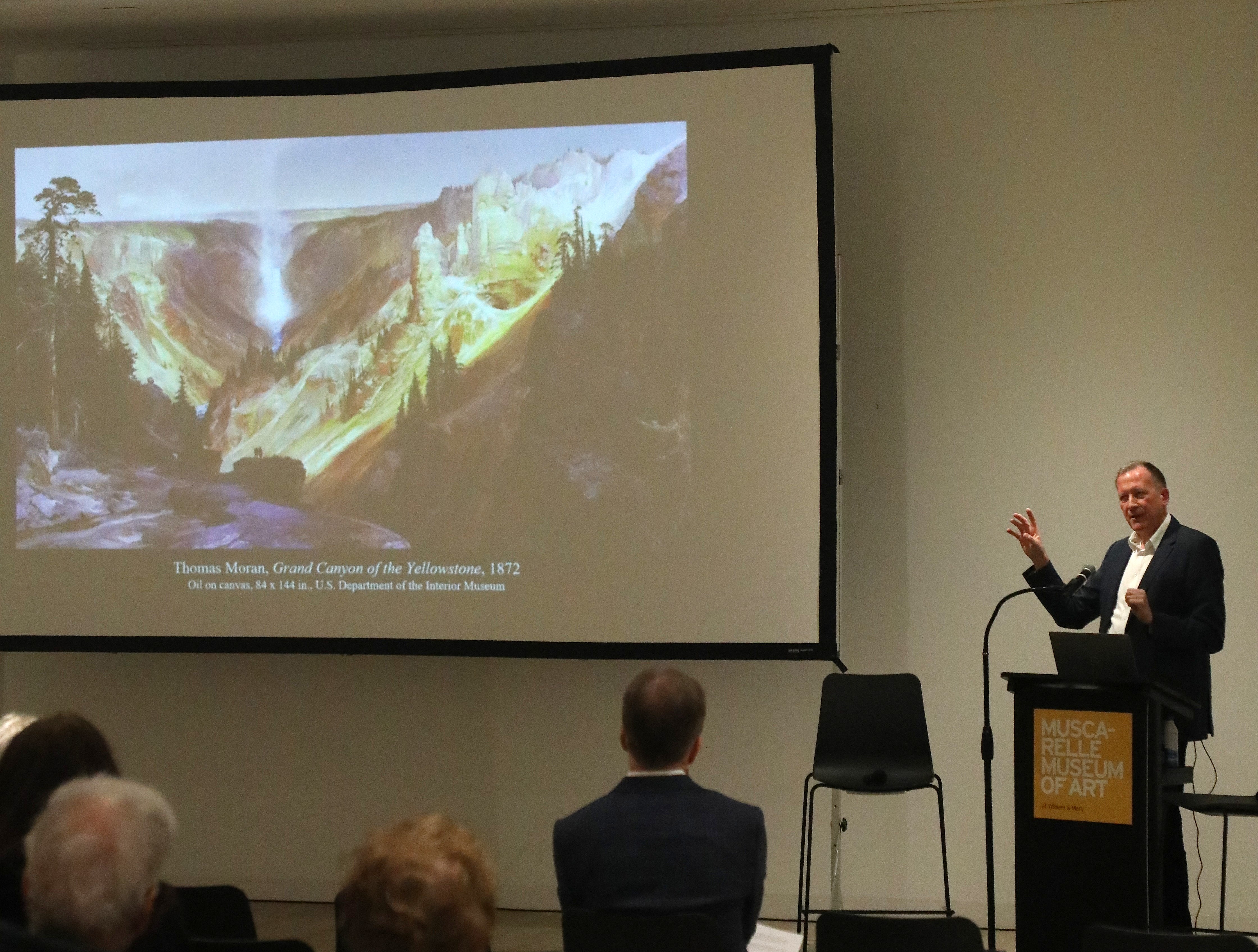 Alan Braddock discusses Thomas Moran's "Grand Canyon of the Yellowstone" during his talk at the Muscarelle on Nov. 6.