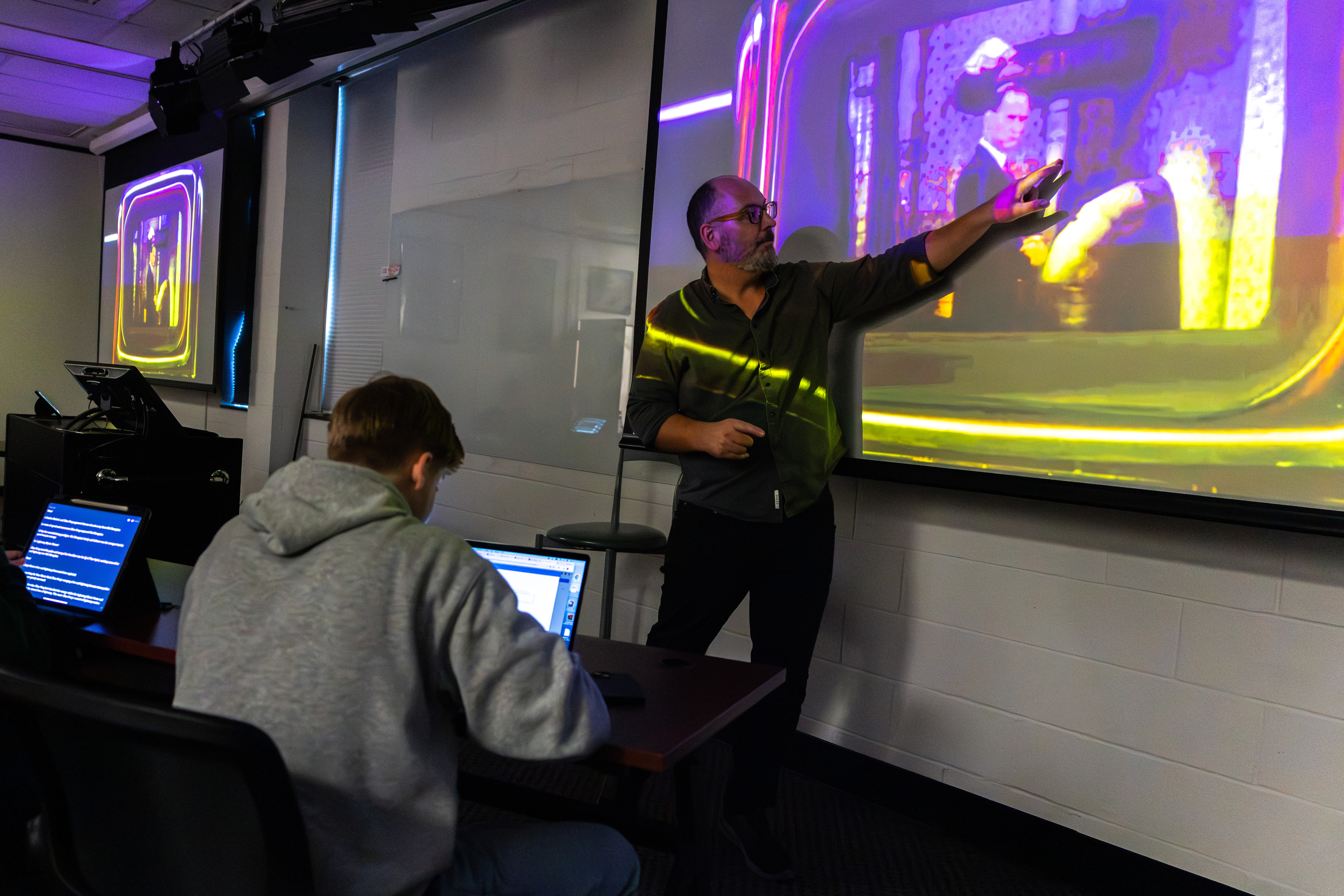 Keith Johnson, director of the Film & Media Studies program, gives a lecture to students.