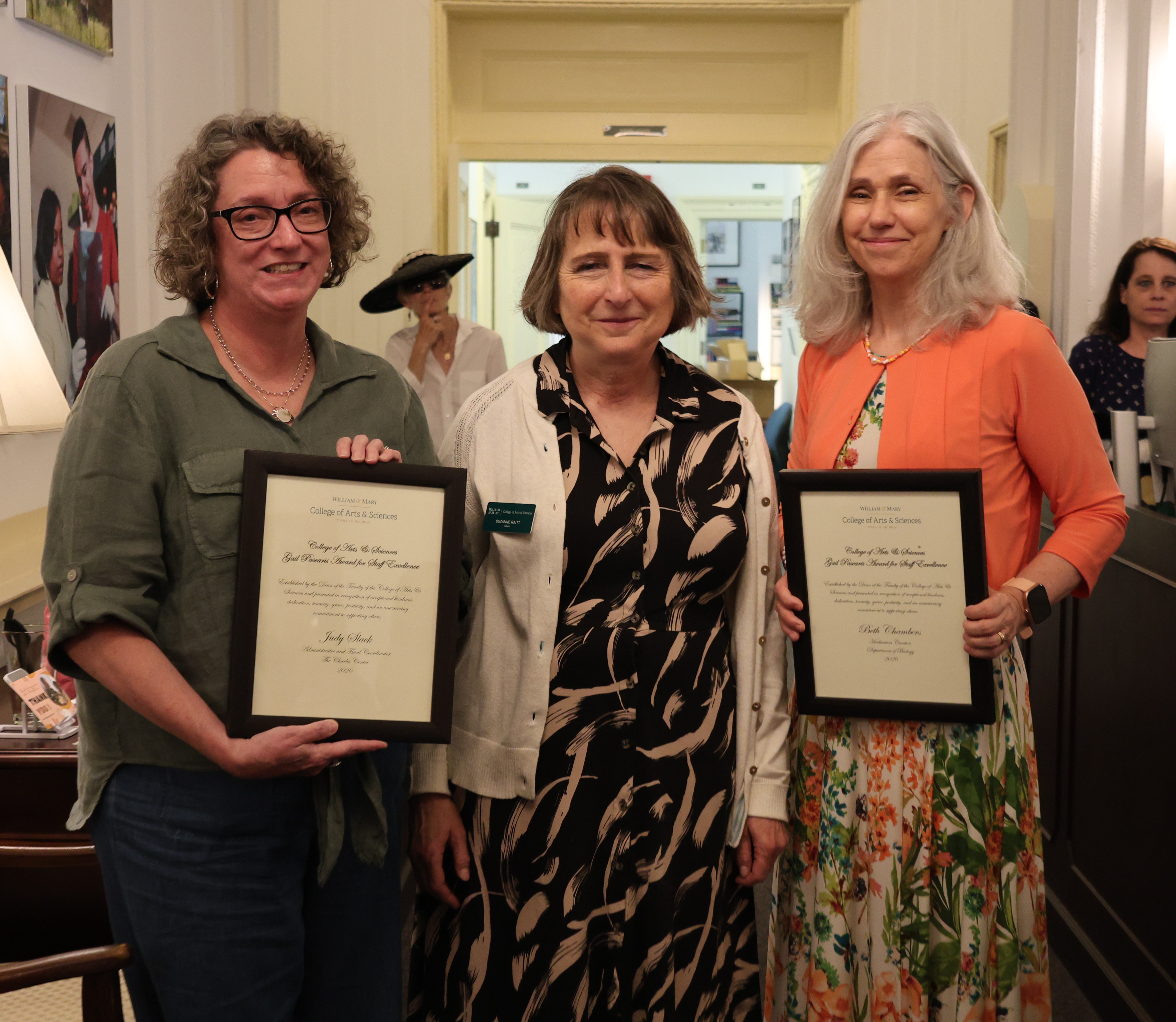 Dean Suzanne Raitt presented the inaugural Gail Pascaris Award for Staff Excellence to Judy Slack and Beth Chambers at a special celebration in Ewell Hall on June 10. Photo by Shelby Mertens.