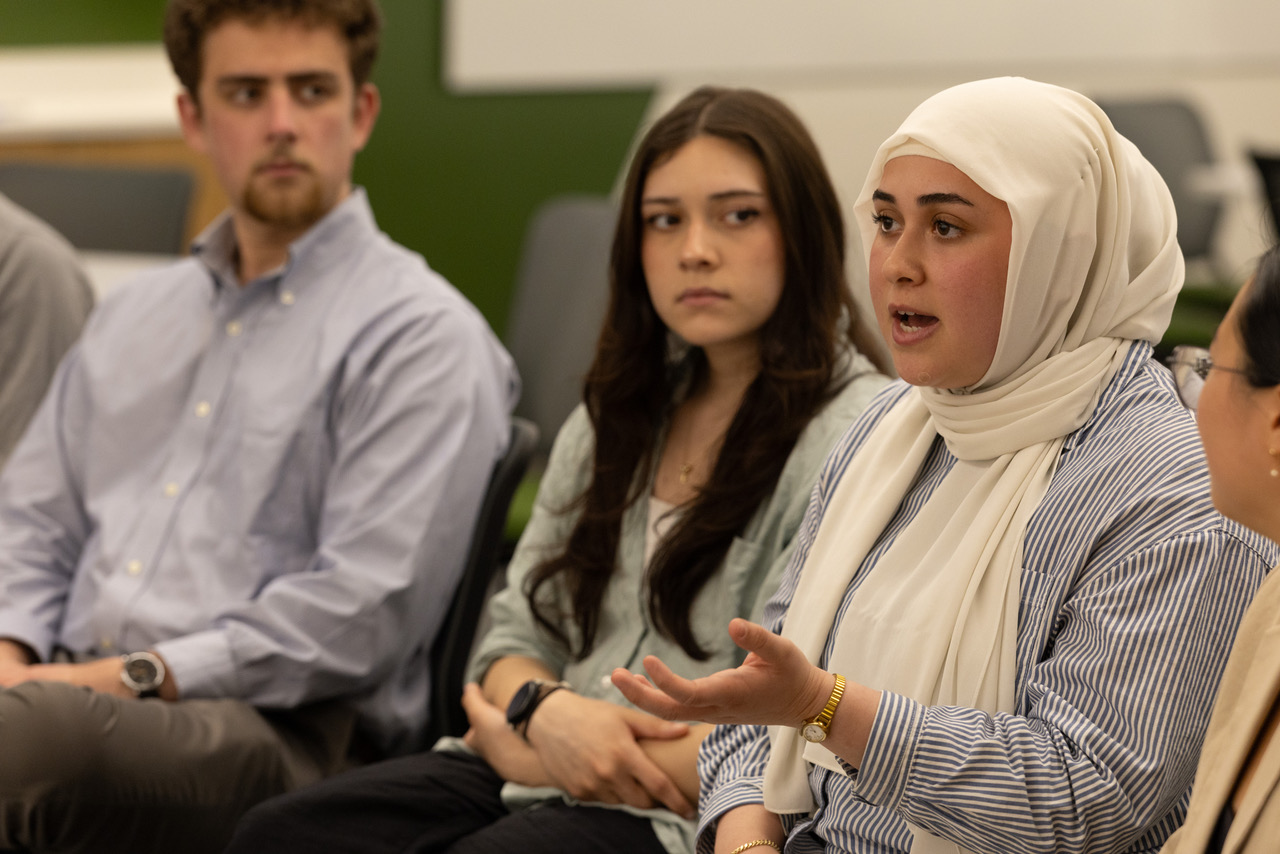 Before her lecture, a group of student leaders met with Virginia Lt. Gov. Ghazala Hashmi, offering them a chance to engage directly with a state public official during the university's Year of Civic Leadership. Photo by Stephen Salpukas
