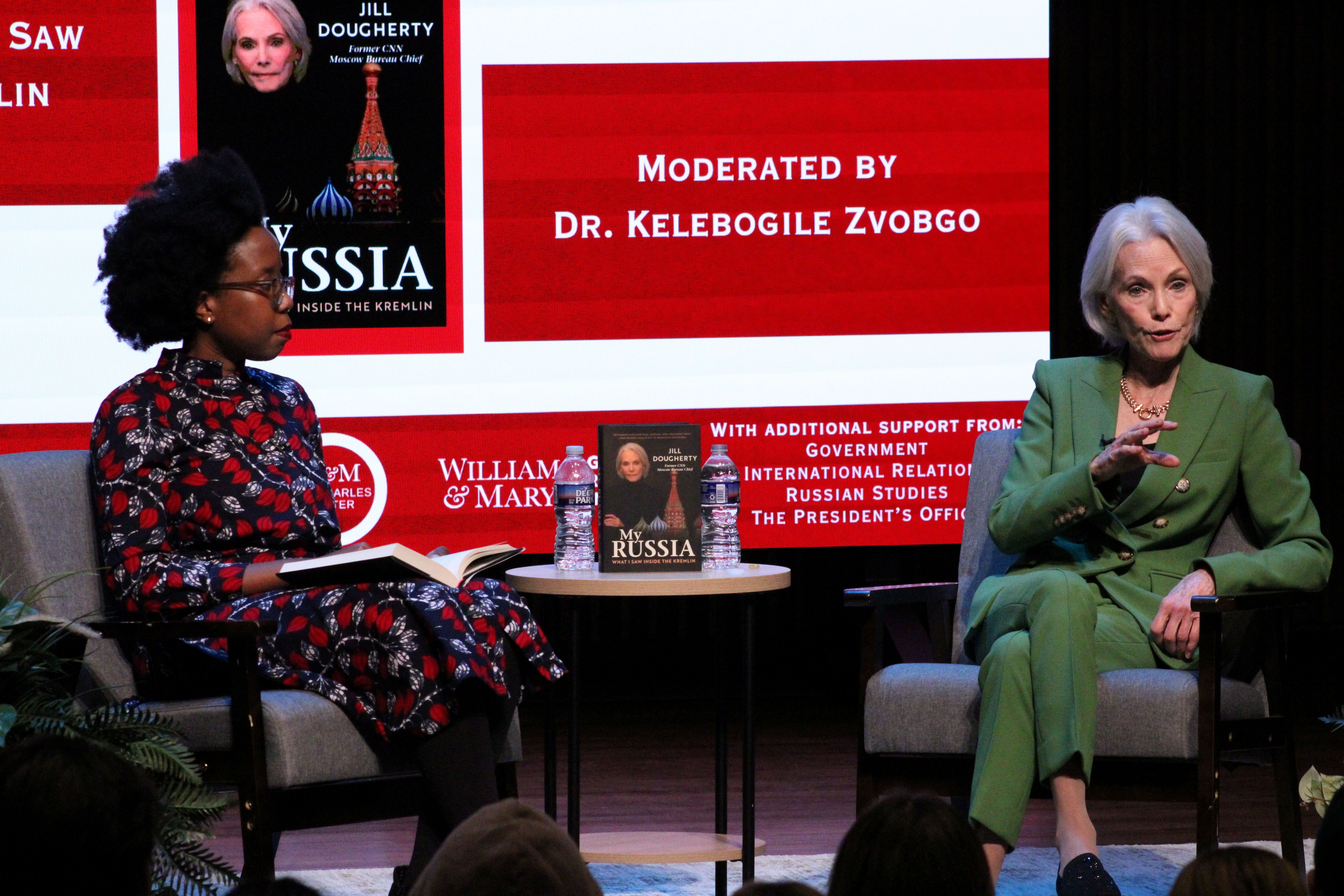 W&M's Kelebogile Zvobgo, associate professor of government, moderated the discussion with Jill Dougherty. Photo by Alexus Kruse.