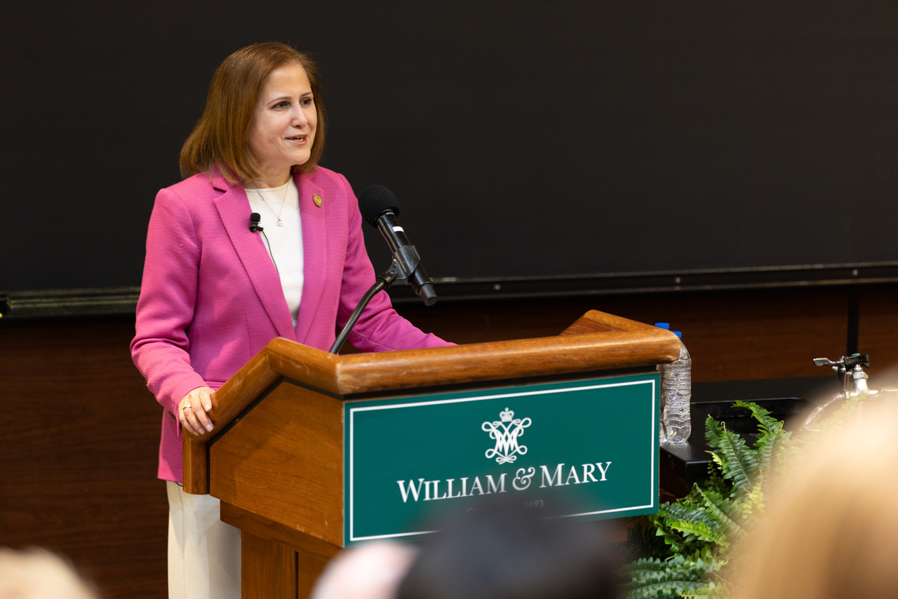 Virginia Lt. Gov. Ghazala Hashmi kicked off her statewide college lecture series at William & Mary with a discussion on the Federalist Papers. Photo by Stephen Salpukas