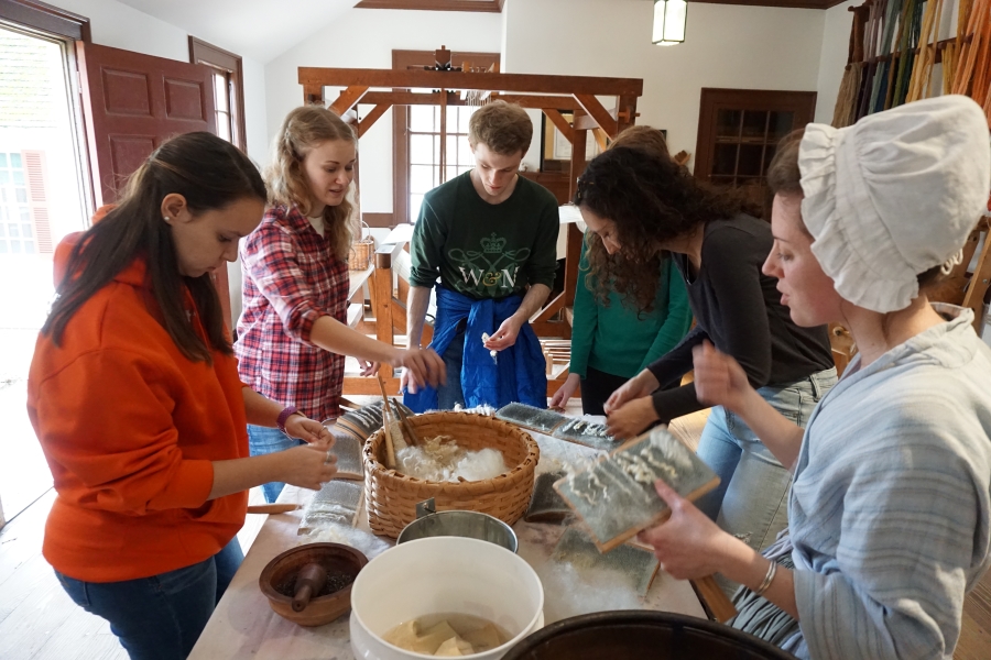 Material Culture students at the Weaver's Shop in Colonial Williamsburg