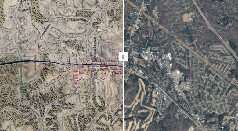 The Desandrouins Map of Williamsburg (1782), georeferenced onto a present-day map by CGA Fellow Elizabeth Ott. Click on the map and use the sliding tool to layer the two views.