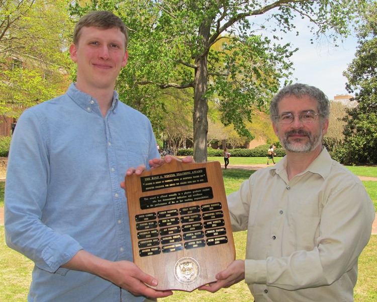 Charles Fancher was one of the recipients of the 2013 Rolf G. Winter Teaching Award. Physics Chair, Dr. Armstrong presented the award.