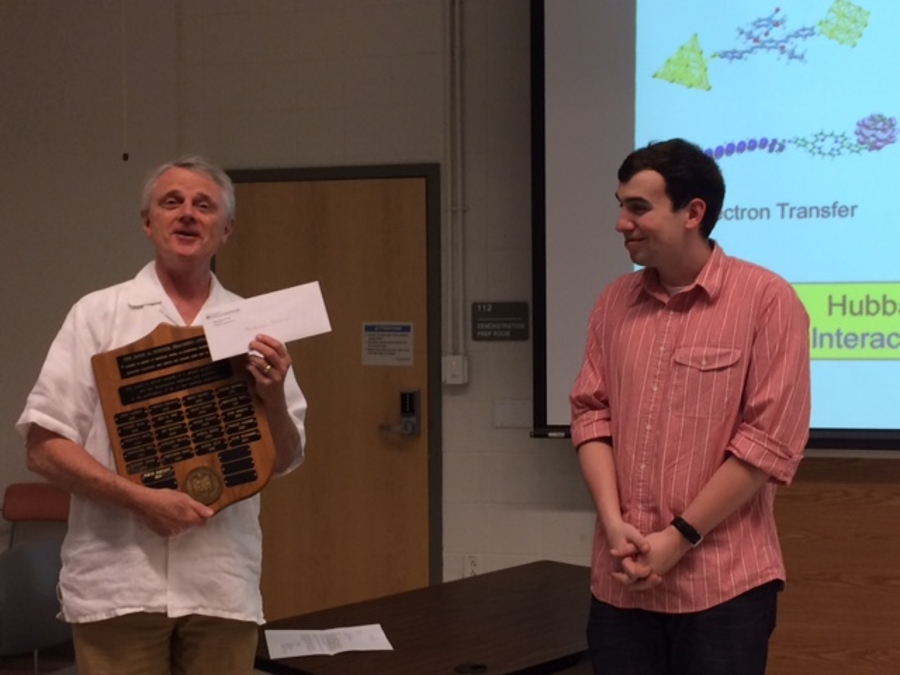 2015 The Rolf G. Winter Teaching Awardee Andrew Rotunno with Physics Chair Dr. Tracy
