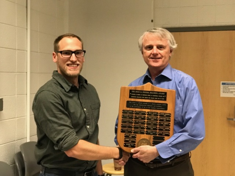 2016 The Rolf G. Winter Teaching Awardee Andrew Pyle with Physics Chair Dr. Tracy