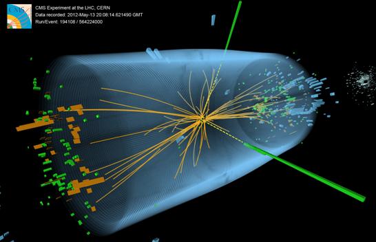 The Large Hadron Collider at CERN discovered the Higgs boson, a particle associated with the field responsible for the masses of all the elementary particles.  The image above is of a candidate Higgs event, from the CMS experiment.