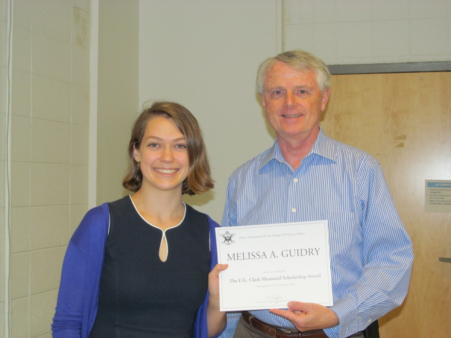 2016 E. Gary Clark Scholarship awardee Melissa Guidry with physics chair Dr. Tracy
