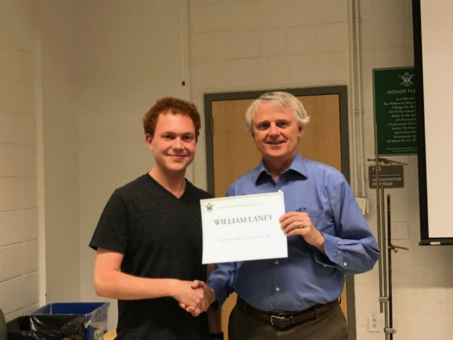2017  Alumni Student Academic Prize awardee William Laney with physics chair Dr. Tracy