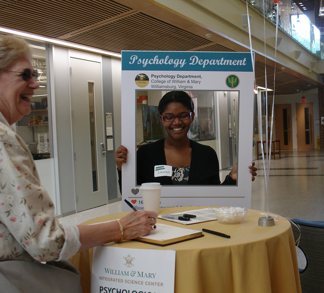 Lauren Howard (MA Class of 2019) demonstrates the Psych selfie for Linda Lester Hagen (Class of 1962)