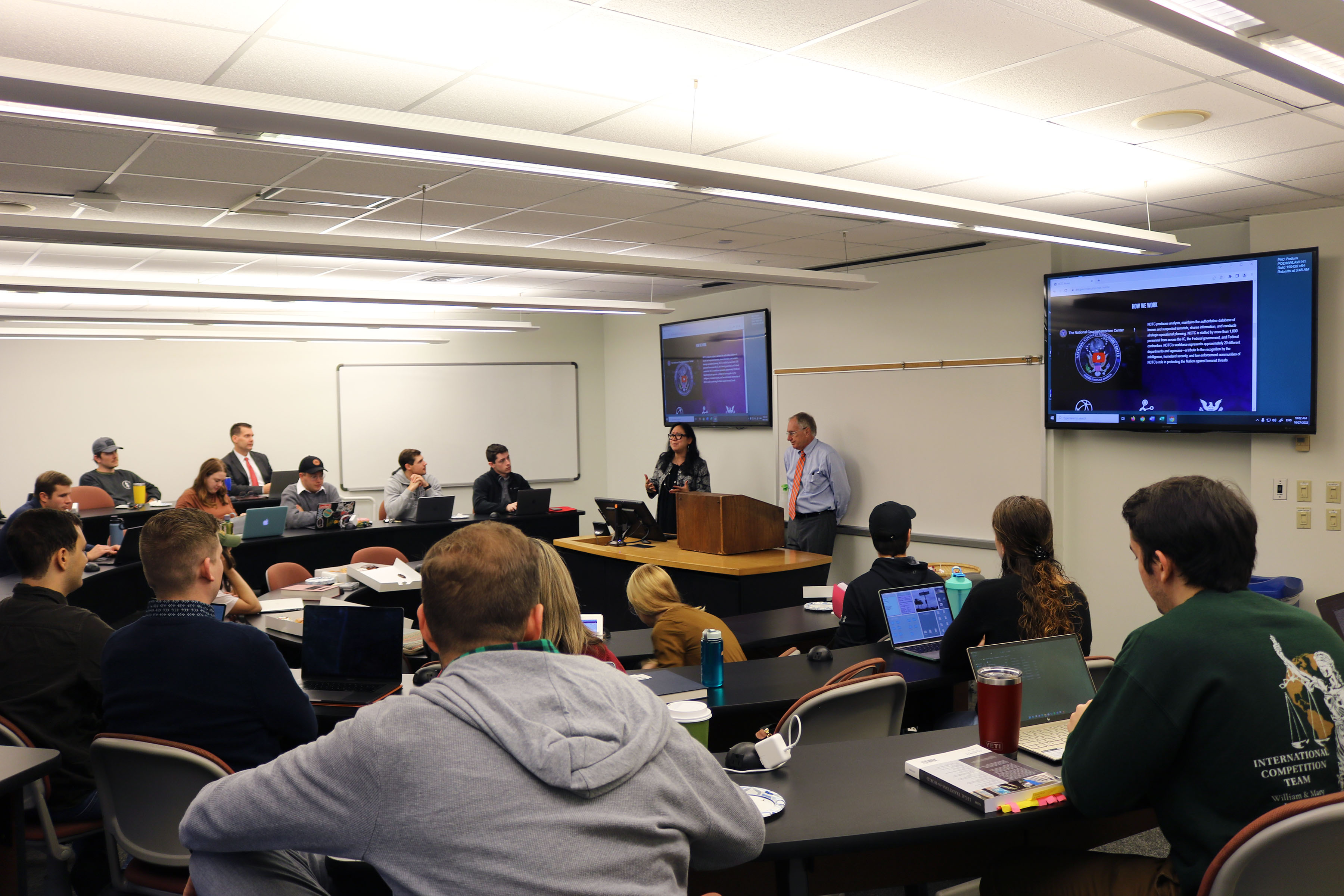 Mr. Travers prepares to speak to graduate students about national security at the William & Mary Law School.