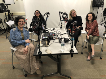 Emily Tavoulareas records a podcast interview on technology and democracy with W&M faculty at Swem Library. Photo courtesy of Carrie Cooper, Dean of University Libraries.