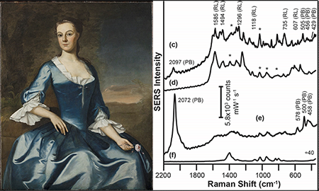Portrait of Elizabeth Burwell Nelson by Robert Feke, c. 1750. The SERS spectrum analysis of a photomicrograph of the blue rose stem shows peaks consistent with the colorants Roseda lake and Prussian blue.