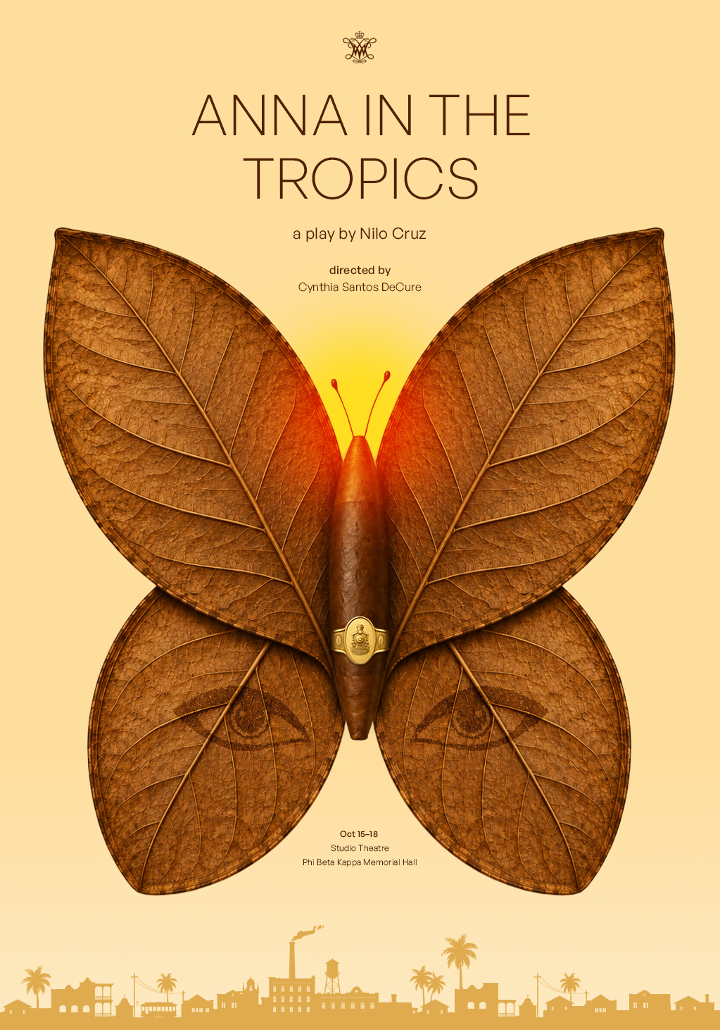 Anna in the Tropics image, butterfly with spread wings, a cigar in the middle