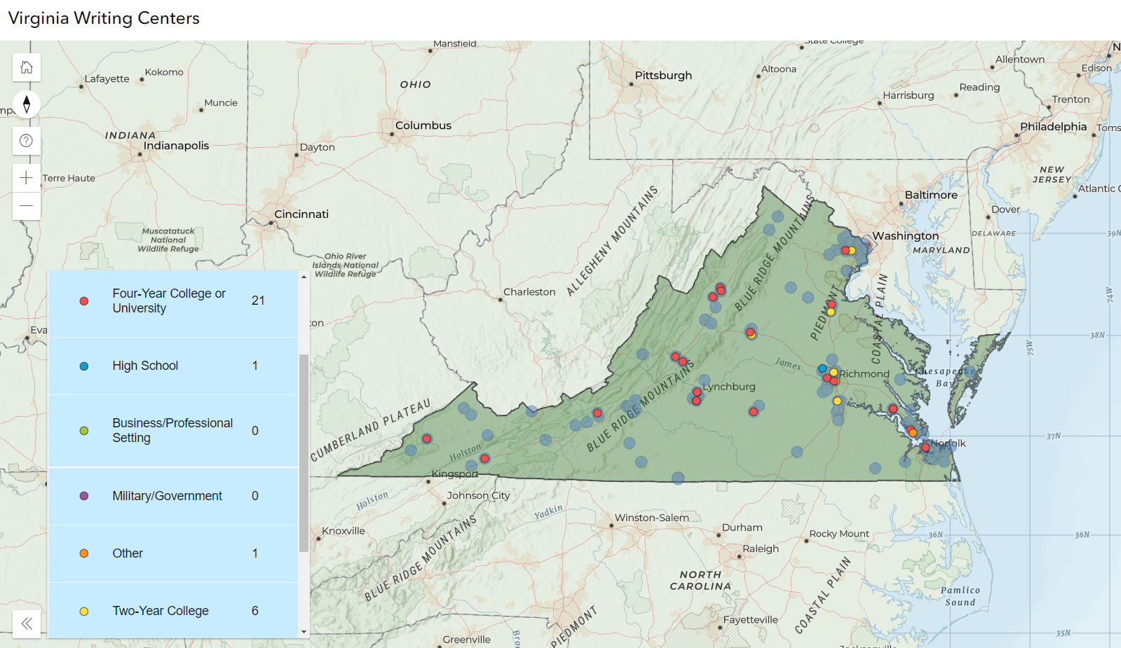 map of virginia with writing centers marked as dots