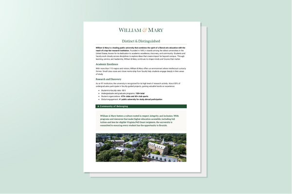 William & Mary branded word documents on light green background