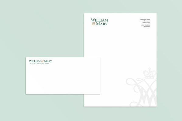 W&M branded stationary samples on a light green background