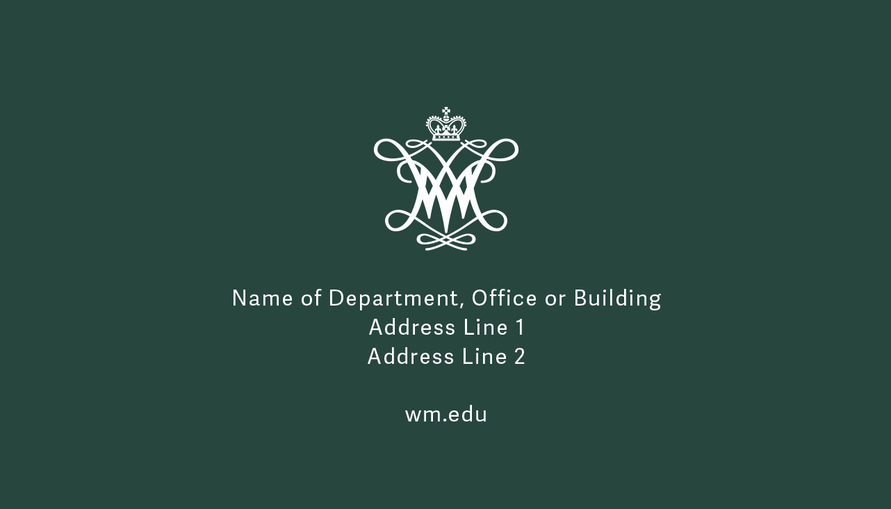 Back of a W&amp;M business card with a dark green background and department contact details in white and a white cypher
