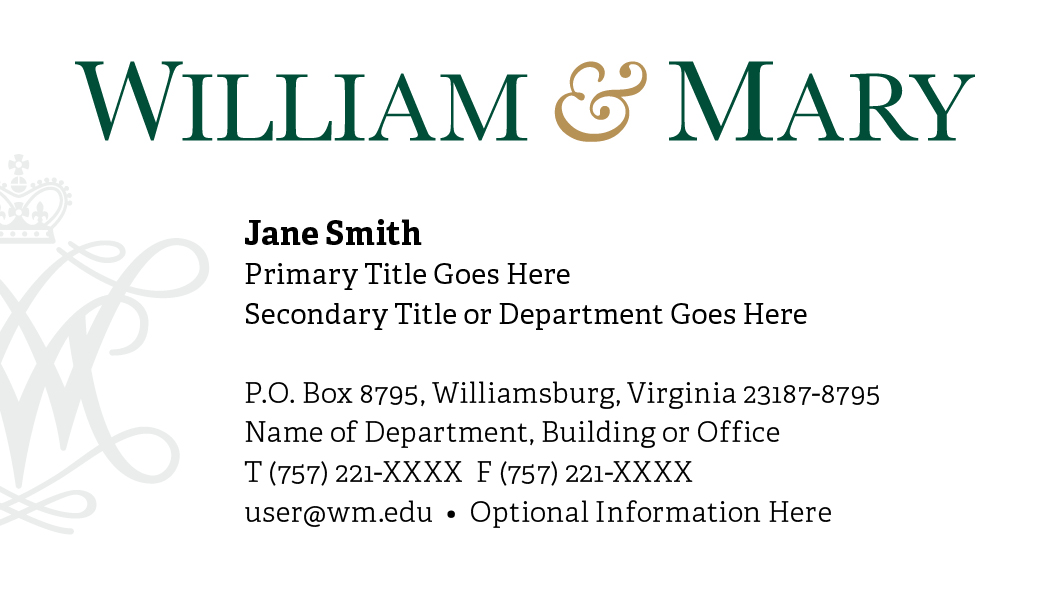 White background business card with a partial cypher and W&amp;M wordmark along with all contact info