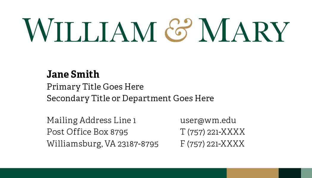 White background business card with a multicolor bar along the bottom and W&amp;M wordmark along with all contact info