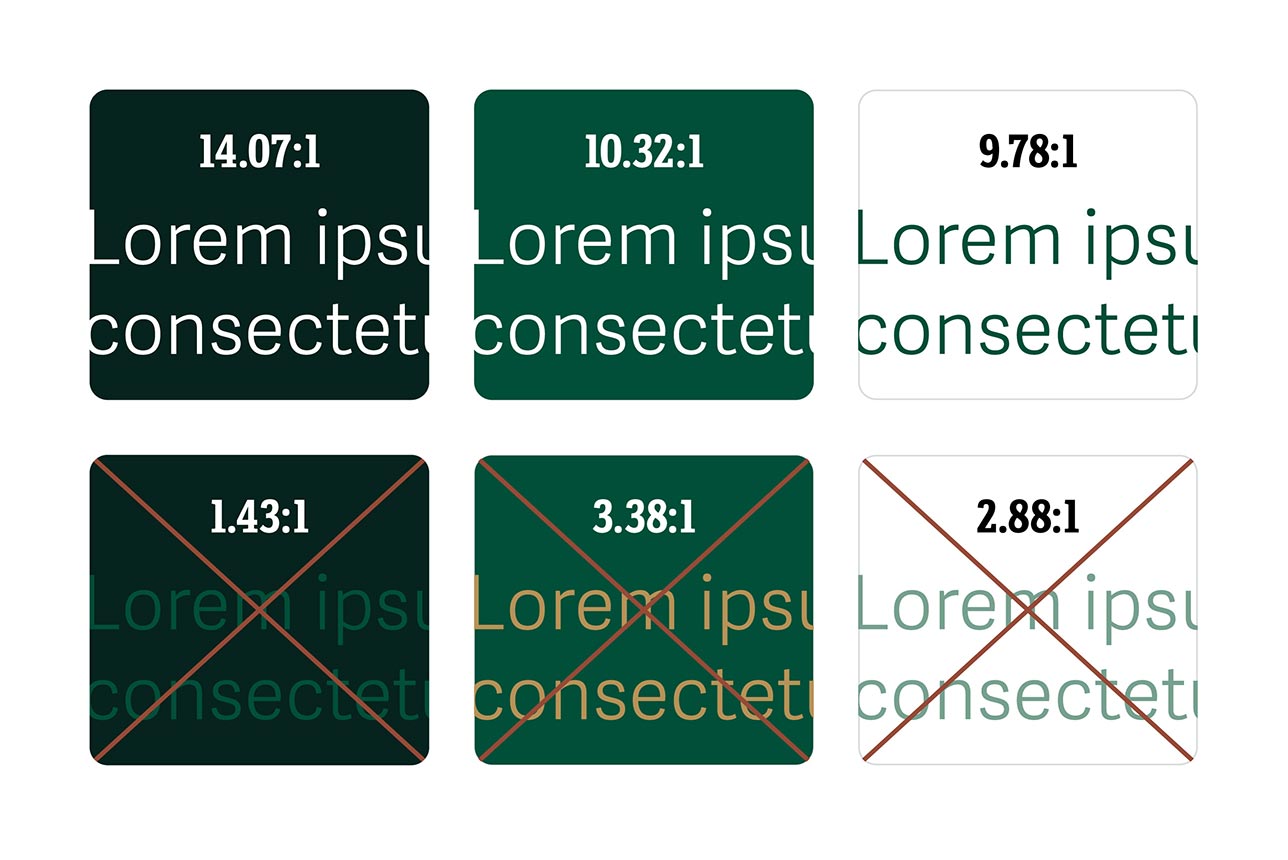 Six text blocks that either pass or fail accessibility text color contrast guidelines