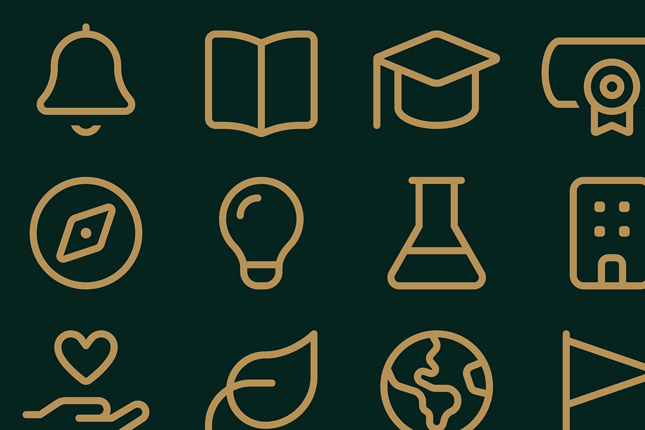 A dark green background with gold outlined icons
