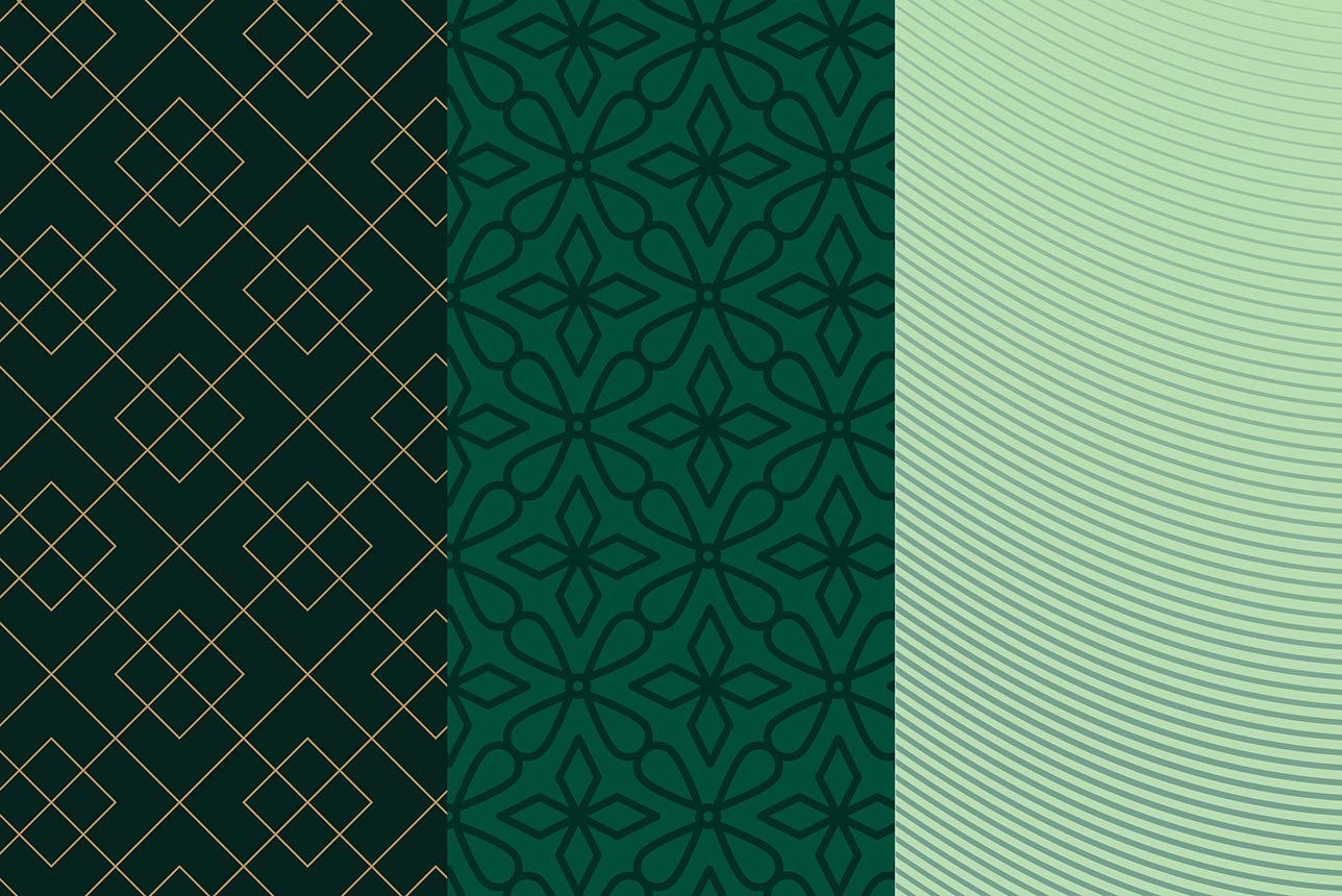 A three-panel design features geometric patterns: left has gold intersecting diamonds, center showcases dark green floral shapes, right has light green wavy lines