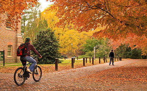 student riding bike across campus