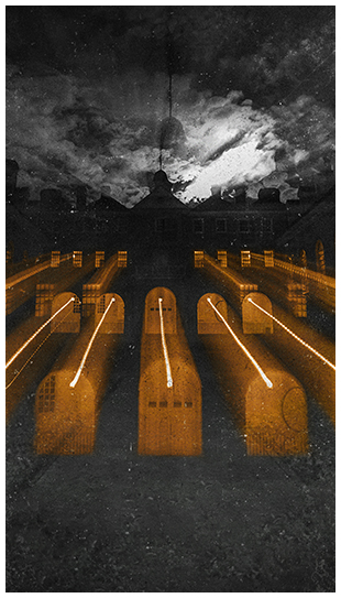 A suspenseful black and white Wren Building on a cloudy moonlit night with orange glowing windows