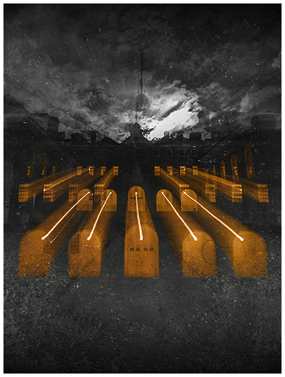 A suspenseful black and white Wren Building on a cloudy moonlit night with orange glowing windows