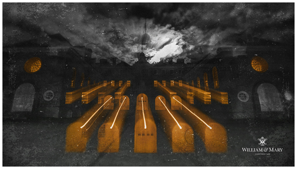 A suspenseful black and white Wren Building on a cloudy moonlit night with orange glowing windows