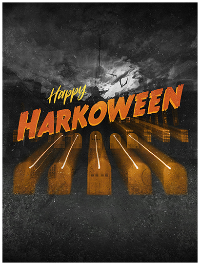 Happy Harkoween text over a a suspenseful black and white Wren Building on a cloudy moonlit night with orange glowing windows and bats flying overhead