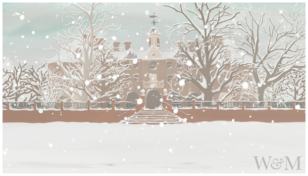 Animated snow falling in the Sunken Garden with the Wren Building in the background.