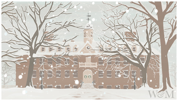 Animated snow falling with the Wren Building in the background.