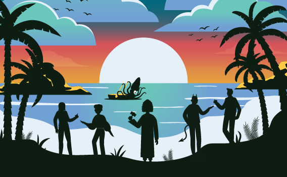Cartoon illustration of a desert island at sunset with the silhouettes of five figures on the island