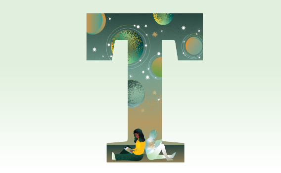 Illustration of two figures sitting under a planet-filled sky suggesting a learning relationship with artificial intelligence