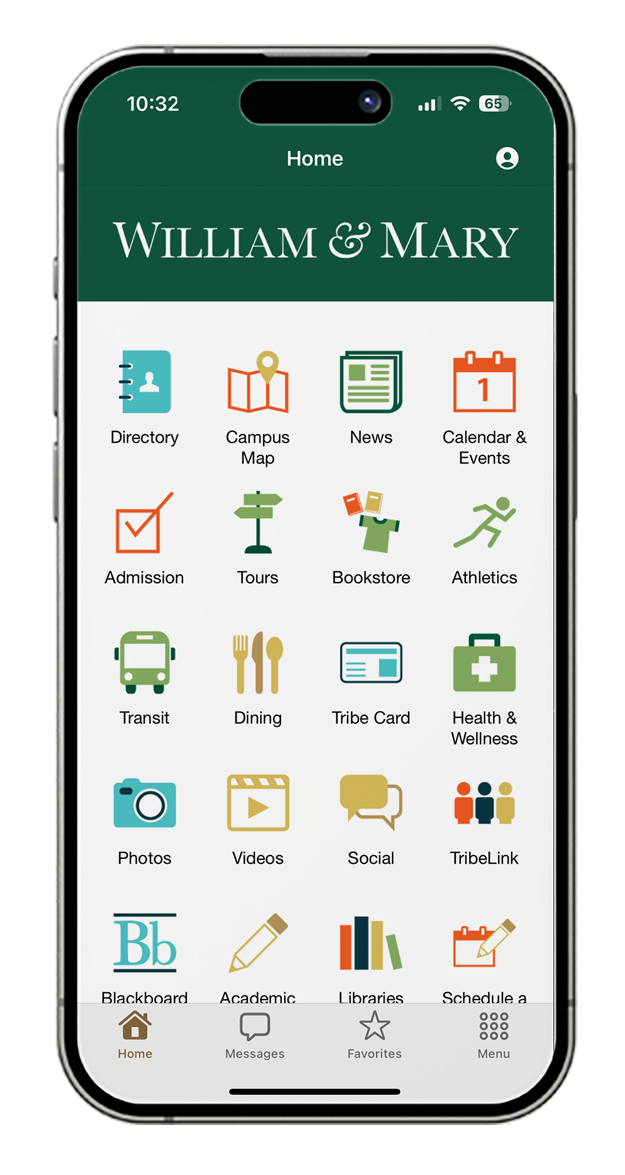 W&amp;M Mobile app's home screen with a grid of icons