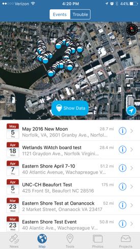 A screen shot showing the Sea Level Rise app in action on a mobile phone