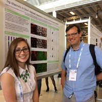 Kaitlyn Dorst ’17 discusses her poster with Jens C. Rekling of the Panum Institute of Copenhagen University at the FENS meeting.